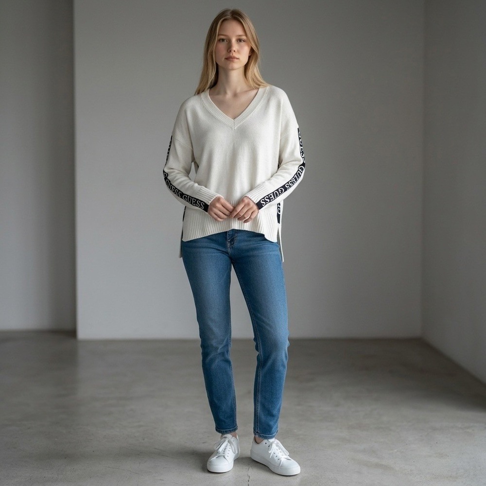 Logo Tape Sweater XL Warm White NEW V-Neck High-Low Logomania Sporty Chic